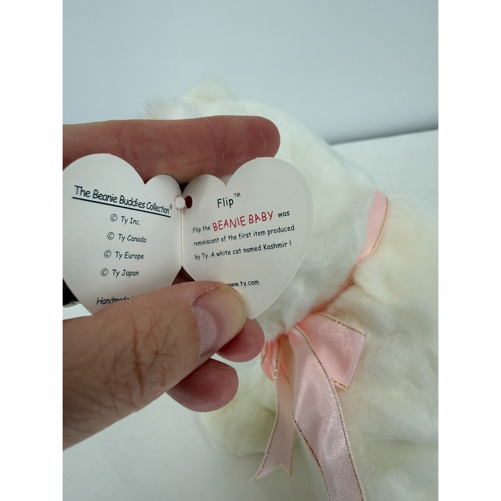 TY Beanie Buddy Flip White Cat Plush 1999 Pink Ribbon Blue Eyes 11" - Picture 4 of 7